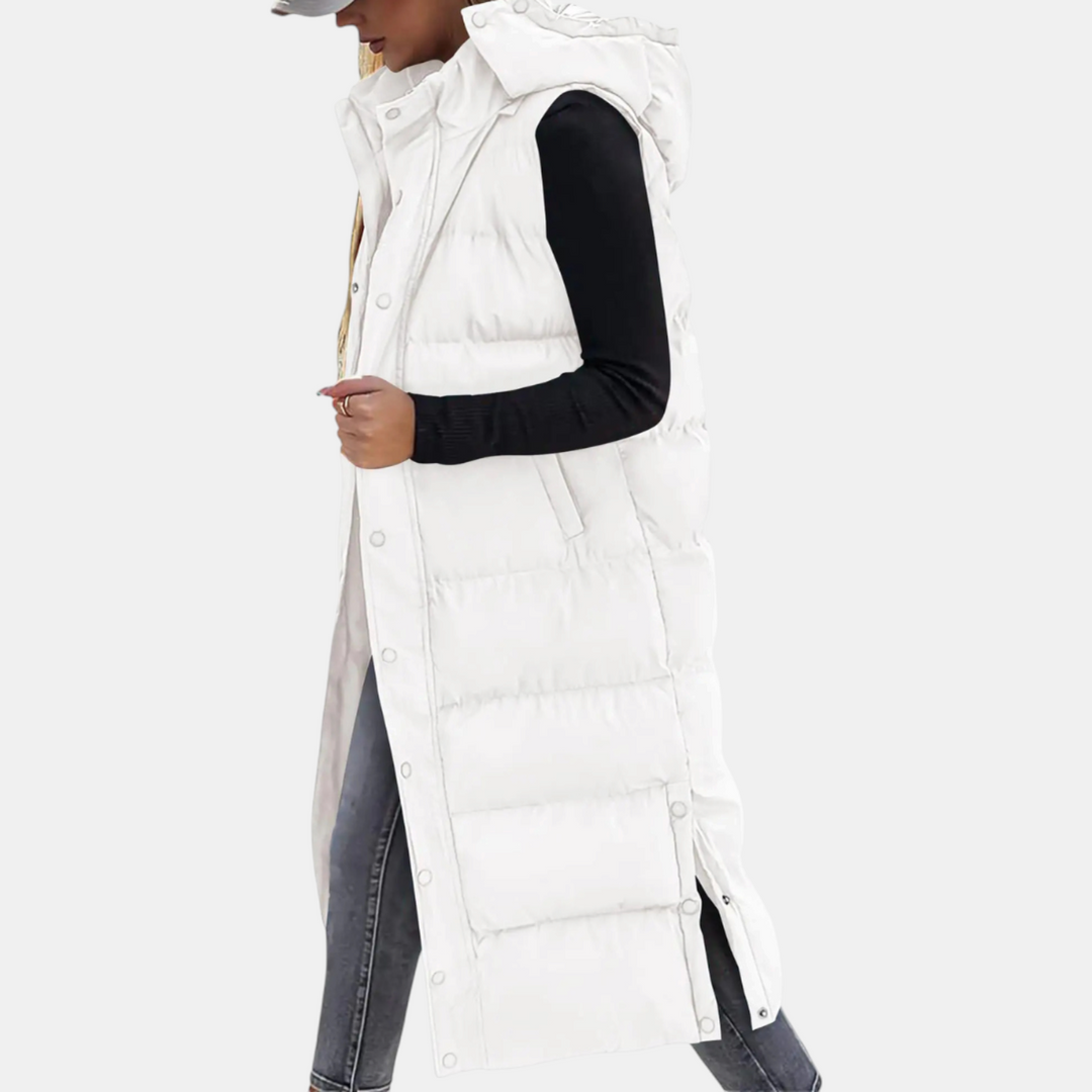 White long quilted gilet with high collar