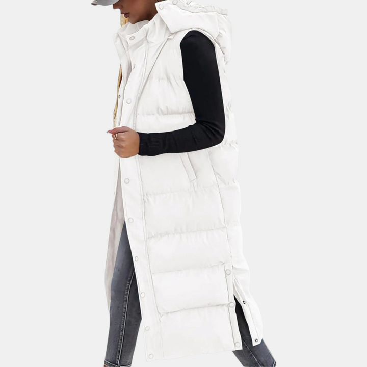 White long quilted gilet with high collar