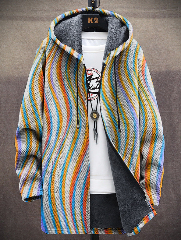 Women's long hoodie with wavy rainbow stripes, side pockets and grey fleece lining