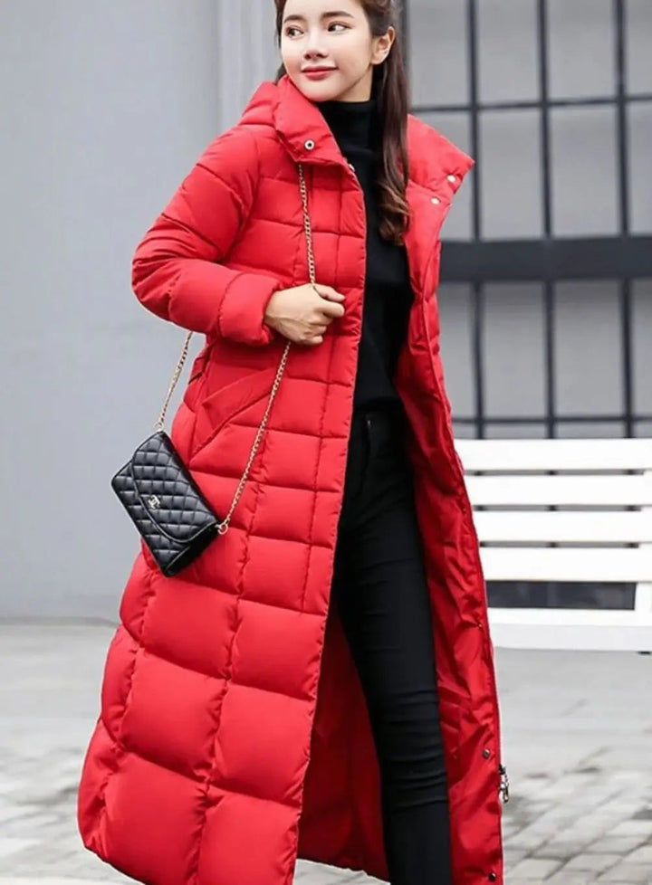 Red long quilted coat reaching below the knee