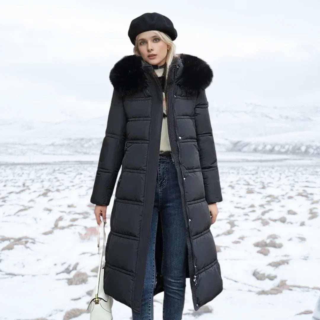Women's long puffer coat in black, faux fur hood belted quilted