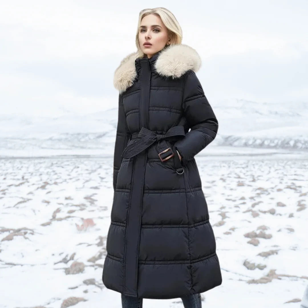 Women's long puffer coat in black white, faux fur hood belted quilted