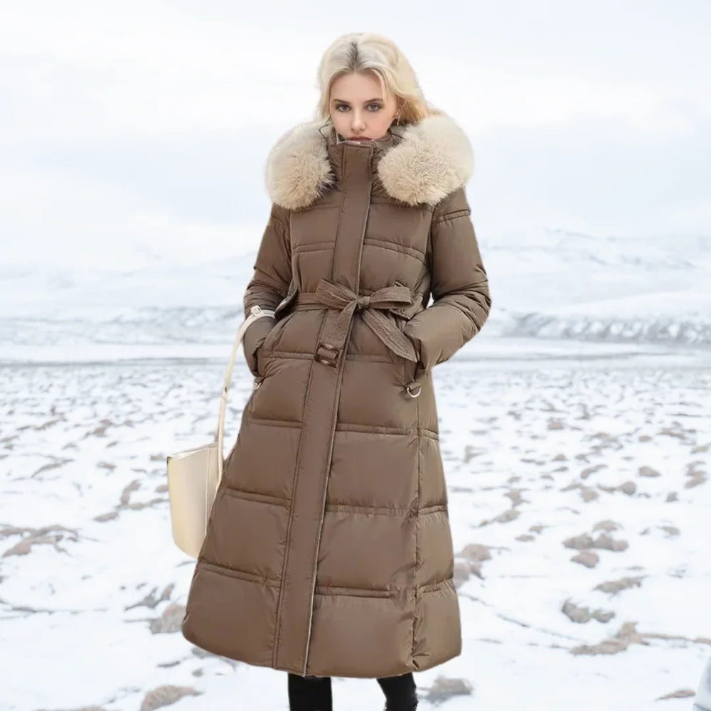 Women's long puffer coat in brown beige, faux fur hood belted quilted