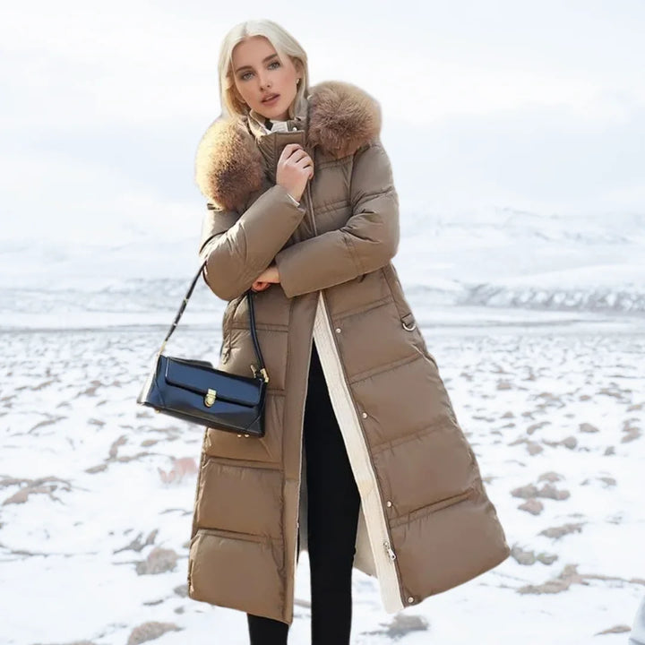 Women's long puffer coat in brown, faux fur hood belted quilted