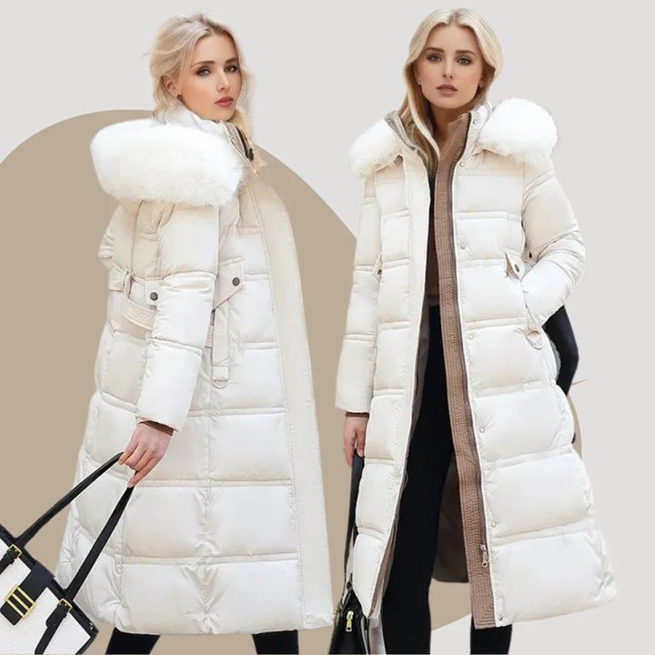 Women's long puffer coat, faux fur hood belted quilted, view 10