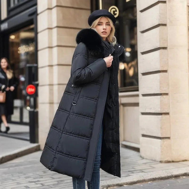 Women's long puffer coat, faux fur hood belted quilted, view 2