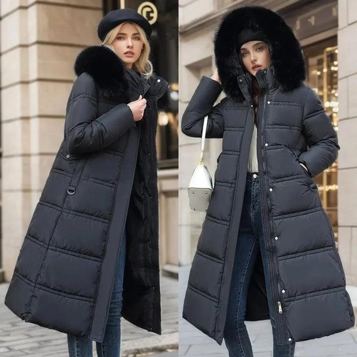 Women's long puffer coat, faux fur hood belted quilted, view 3