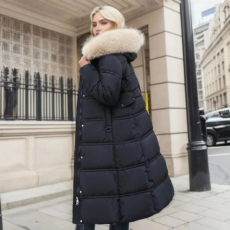 Women's long puffer coat, faux fur hood belted quilted, view 4