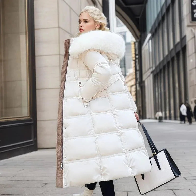Women's long puffer coat, faux fur hood belted quilted, view 7
