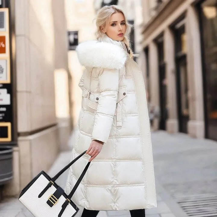 Women's long puffer coat, faux fur hood belted quilted, view 8