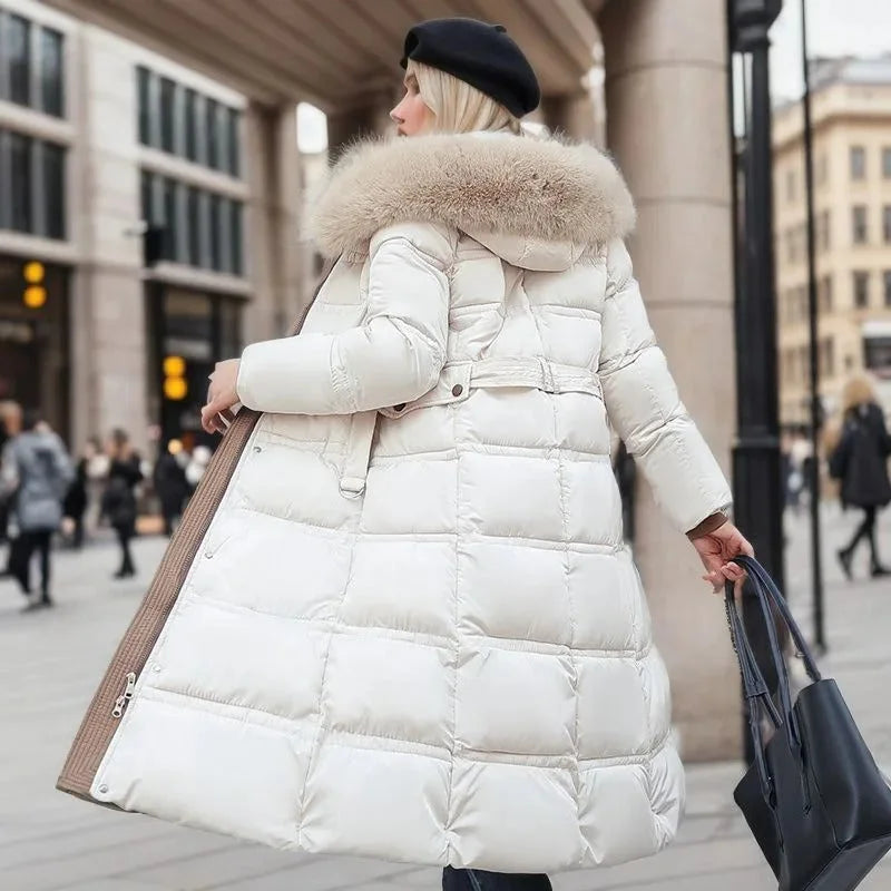Women's long puffer coat, faux fur hood belted quilted, view 9