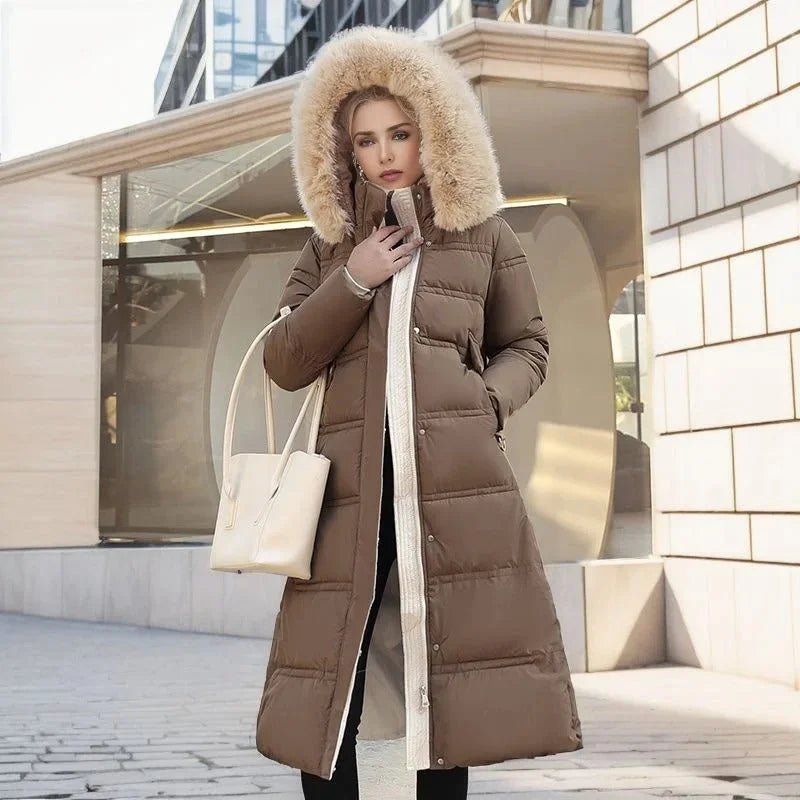 Women's long puffer coat, faux fur hood belted quilted, view 1