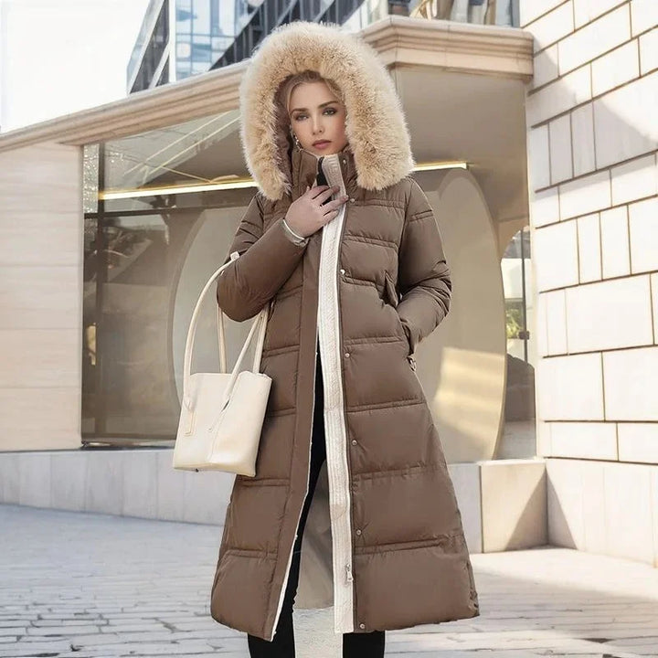 Women's long puffer coat, faux fur hood belted quilted, view 1