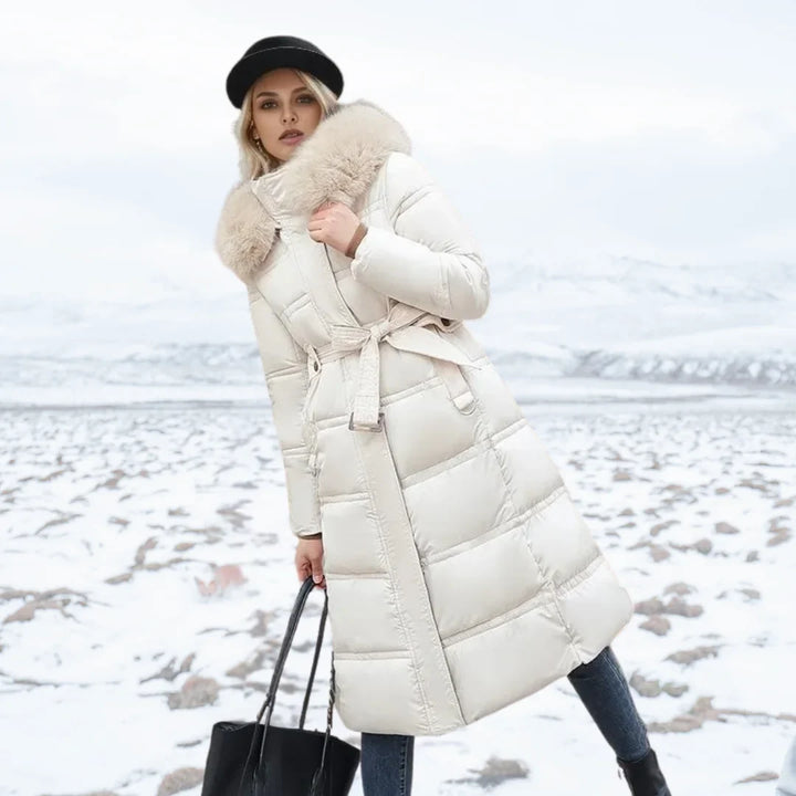 Women's long puffer coat in white beige, faux fur hood belted quilted
