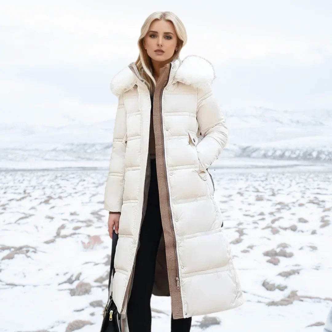 Women's long puffer coat in white, faux fur hood belted quilted