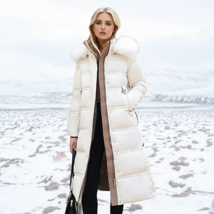 Women's long puffer coat in white, faux fur hood belted quilted