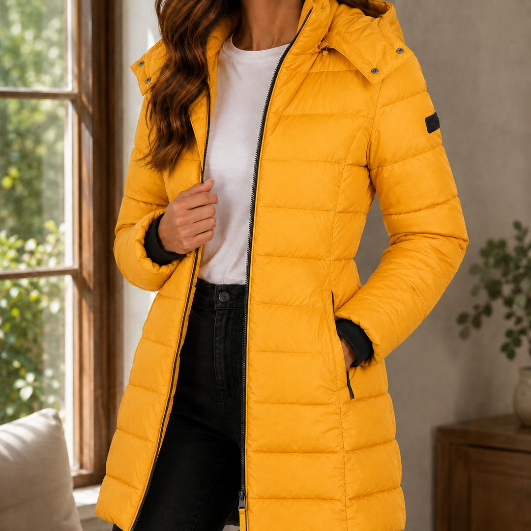 Mustard long quilted puffer coat with hood and zip front
