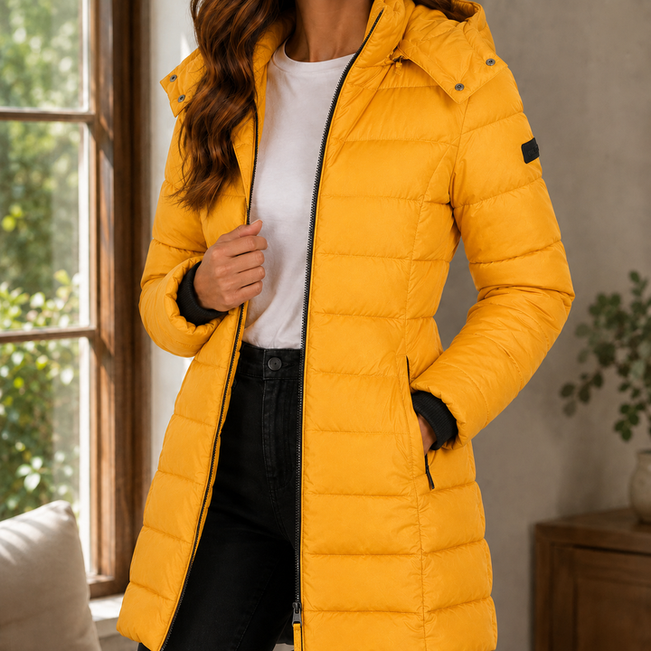 Mustard long quilted puffer coat with hood and zip front