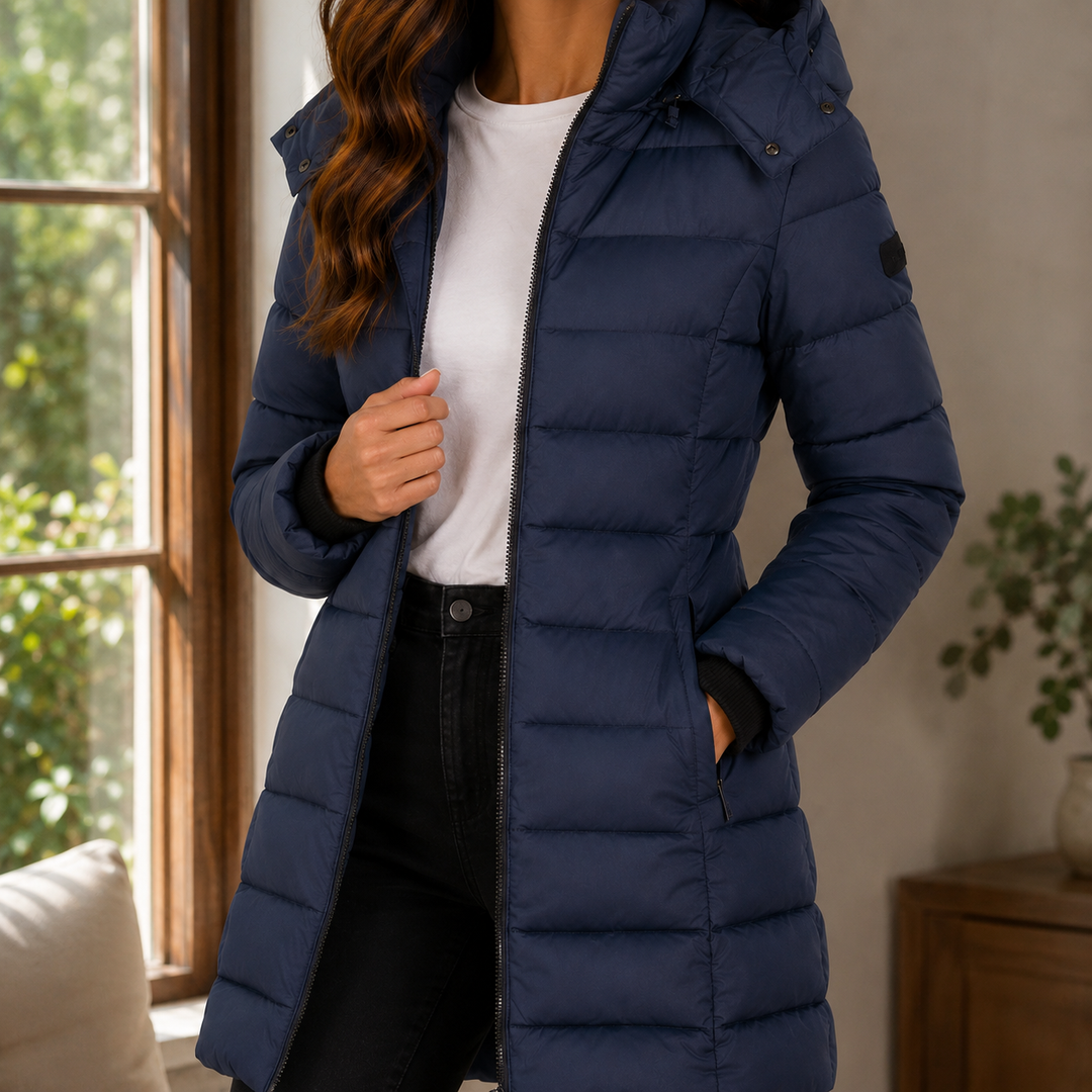 Navy long puffer coat worn open over a white tee