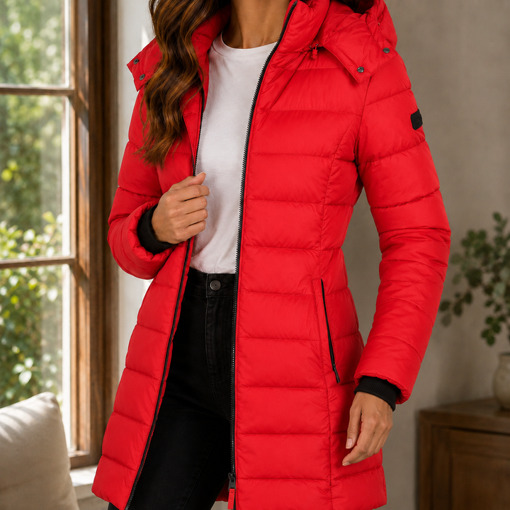 Red fitted long puffer coat with a close fitting hood
