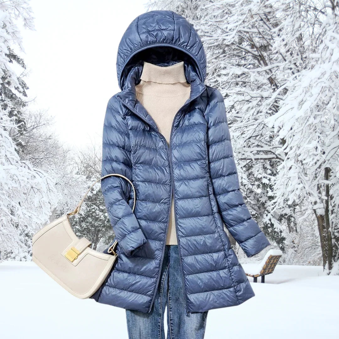 Women's long puffer coat in blue, hooded lightweight quilted