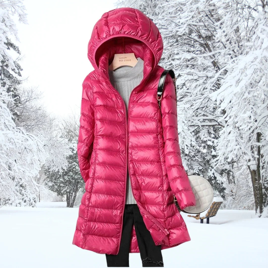 Women's long puffer coat in burgundy, hooded lightweight quilted