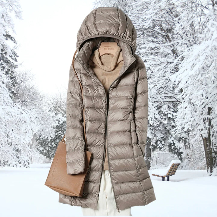 Women's long puffer coat in khaki, hooded lightweight quilted