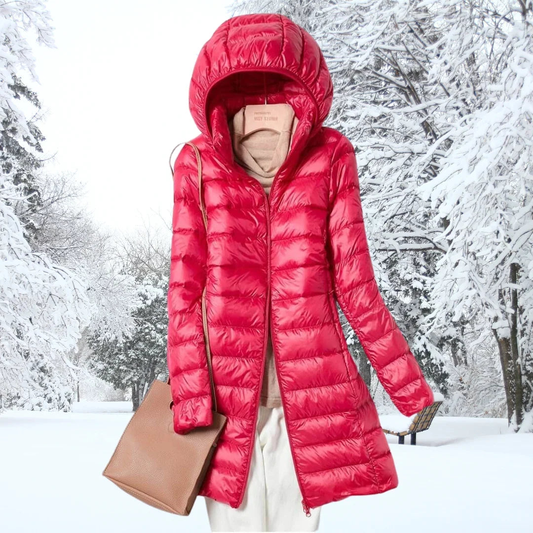 Women's long puffer coat in orange red, hooded lightweight quilted