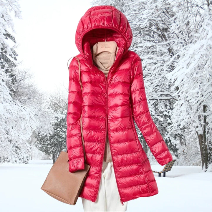 Women's long puffer coat in orange red, hooded lightweight quilted