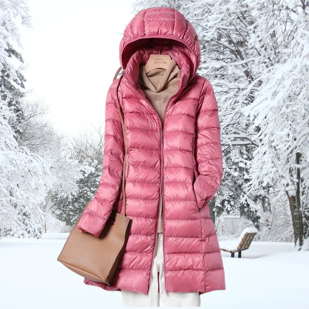 Women's long puffer coat in pink, hooded lightweight quilted