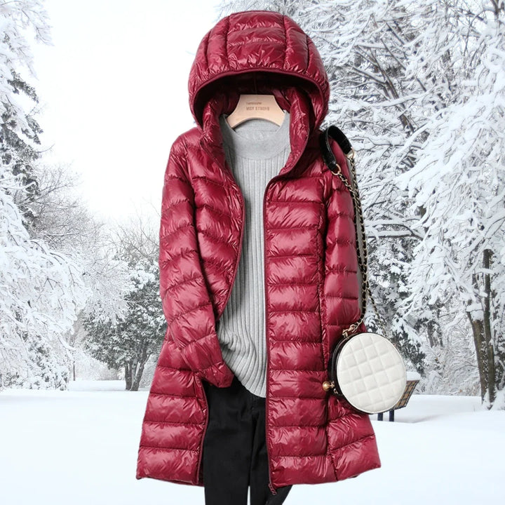 Women's long puffer coat in red, hooded lightweight quilted