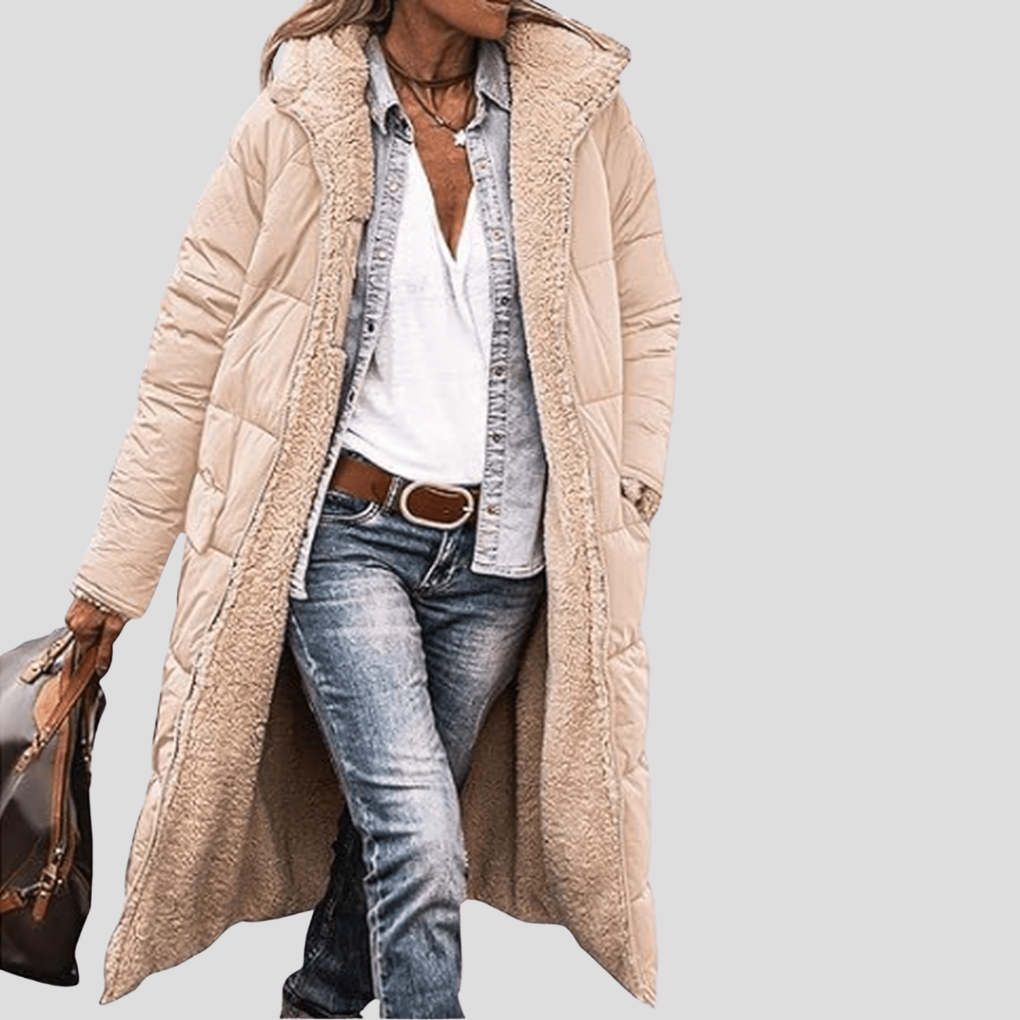 Women's long puffer coat in beige, teddy lined hooded longline