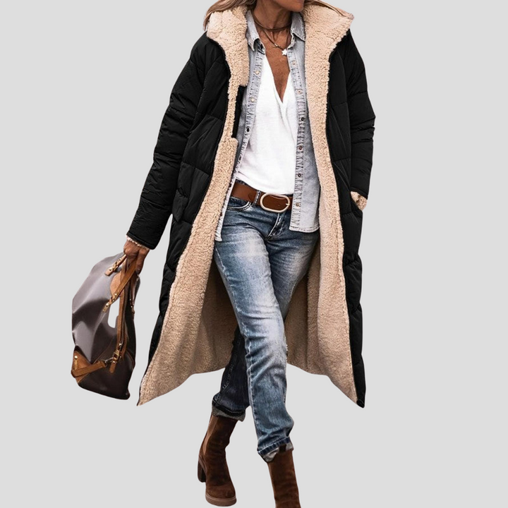 Women's long puffer coat in black, teddy lined hooded longline