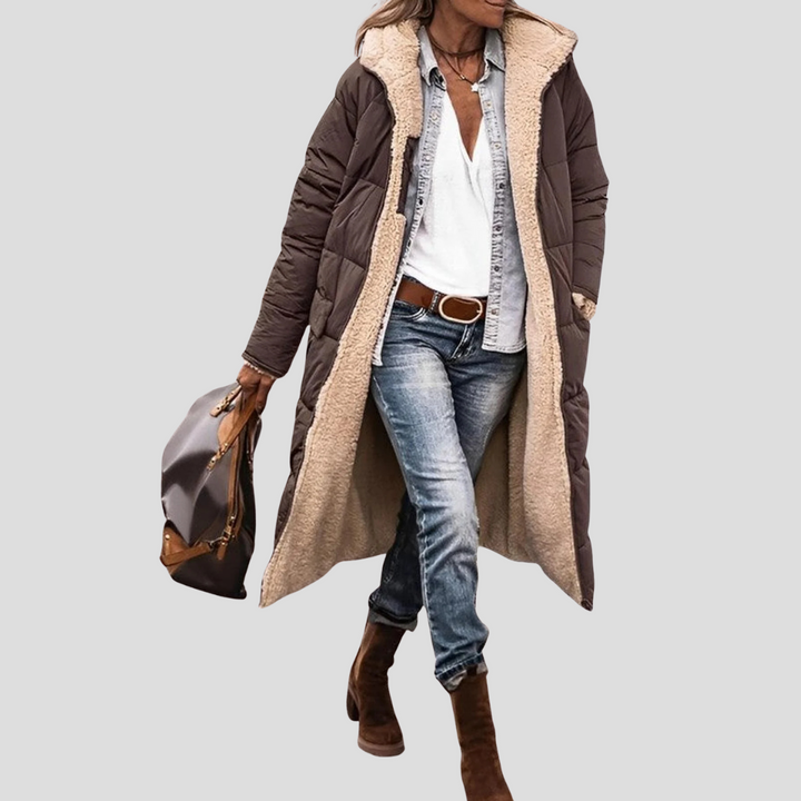 Women's long puffer coat in brown, teddy lined hooded longline
