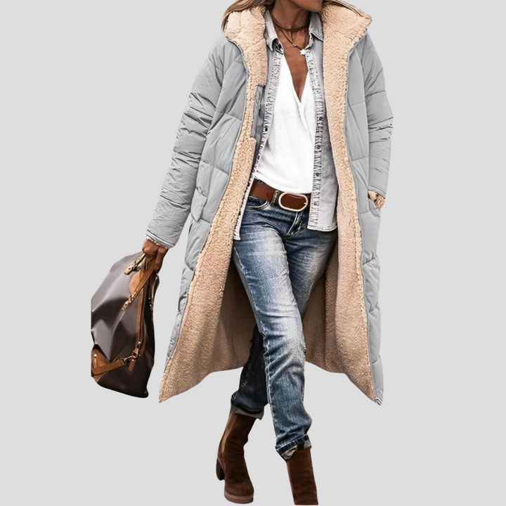 Women's long puffer coat in grey, teddy lined hooded longline