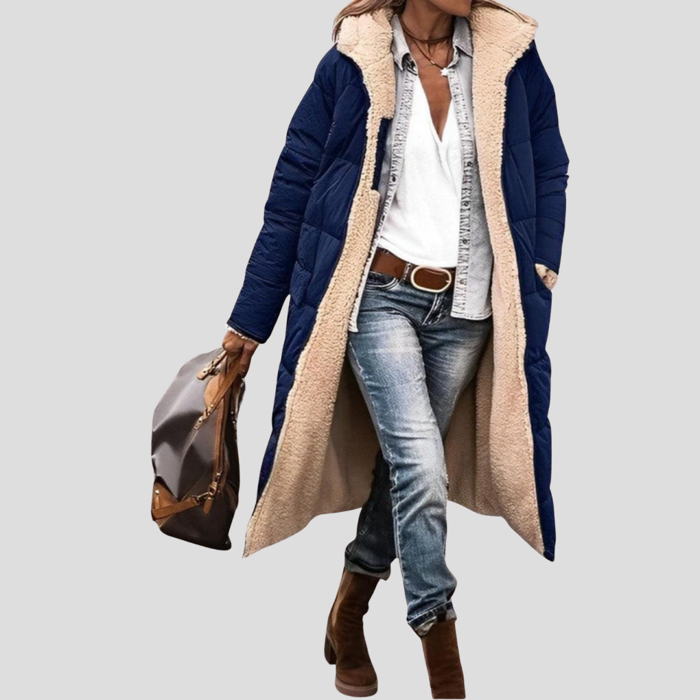 Women's long puffer coat in navy, teddy lined hooded longline
