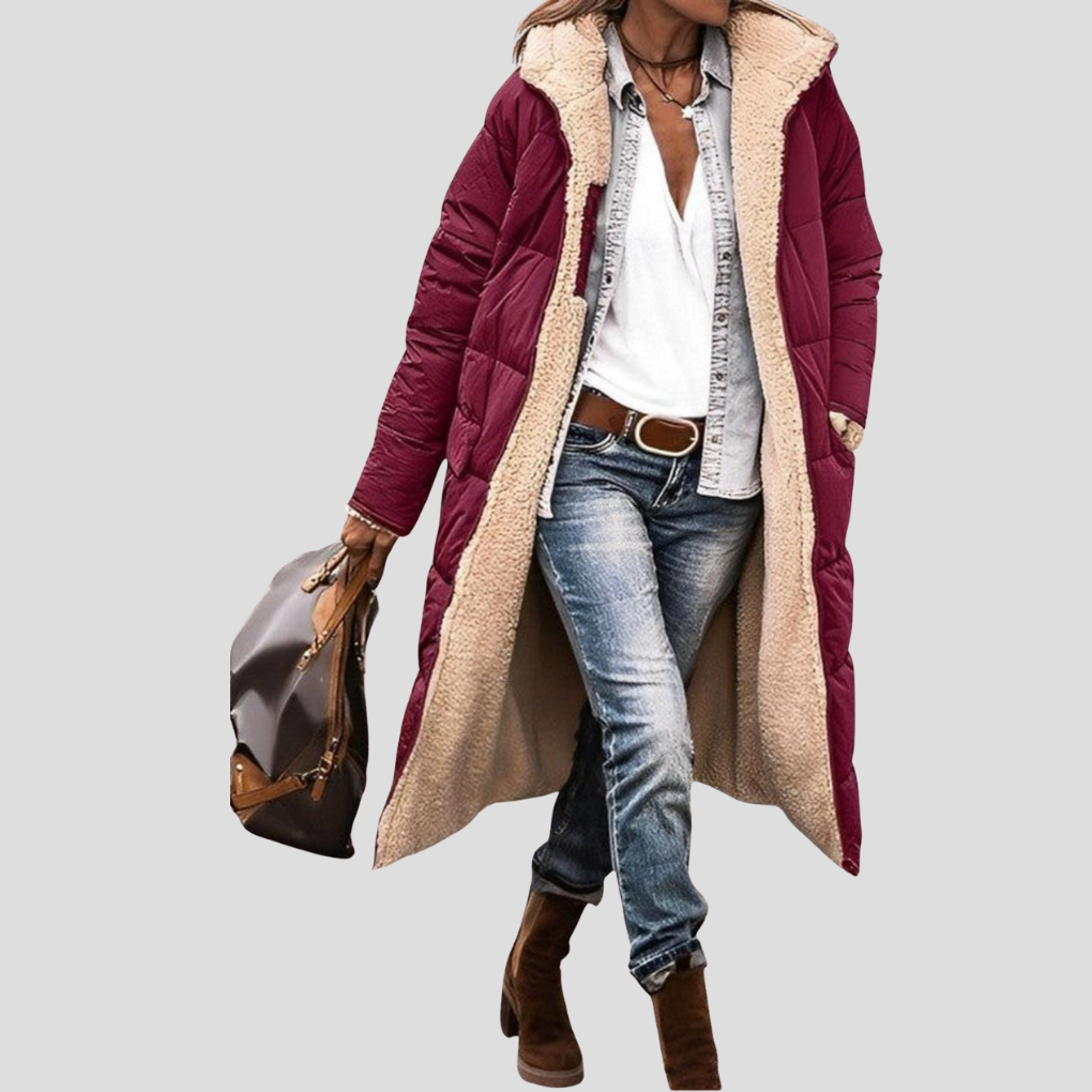 Women's long puffer coat in wine red, teddy lined hooded longline