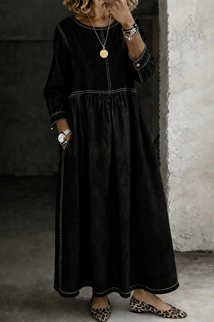 Black denim-look maxi dress with contrast stitching and round neckline