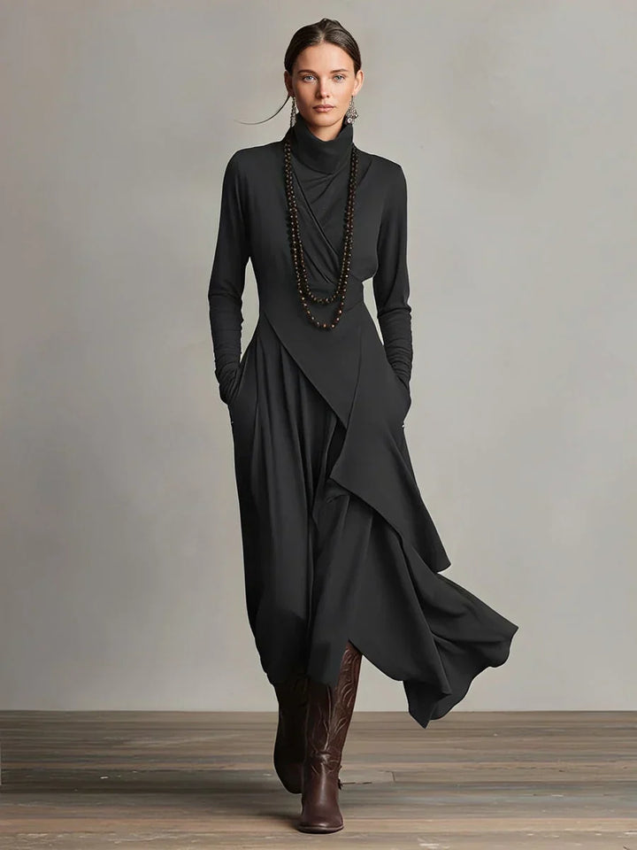 Women's maxi dress in dark grey, high neck draped asymmetric