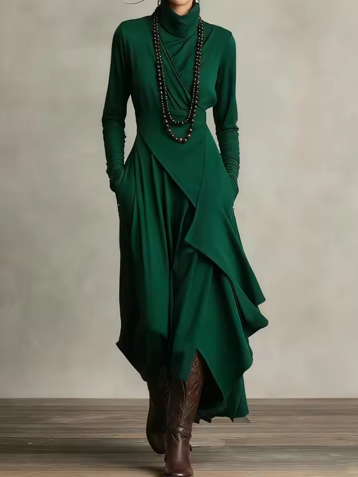 Women's maxi dress in green, high neck draped asymmetric