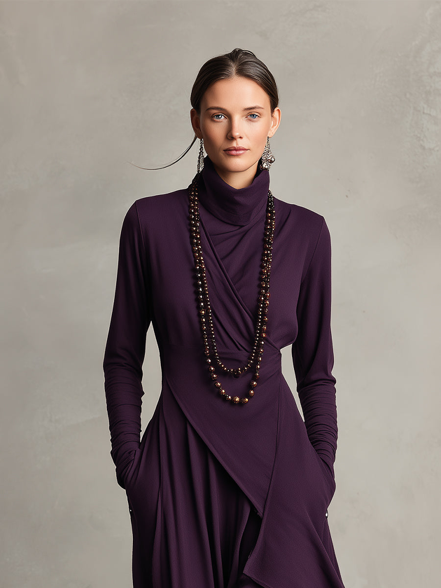 Women's maxi dress, high neck draped asymmetric, view 2