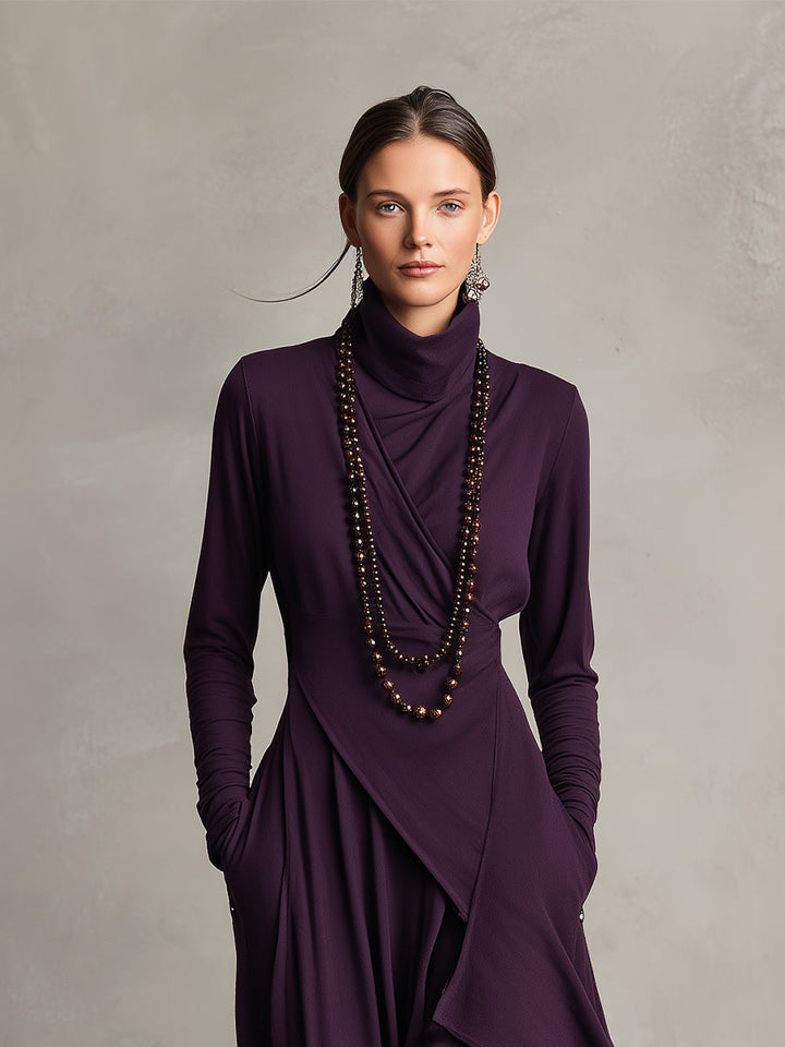 Women's maxi dress, high neck draped asymmetric, view 2