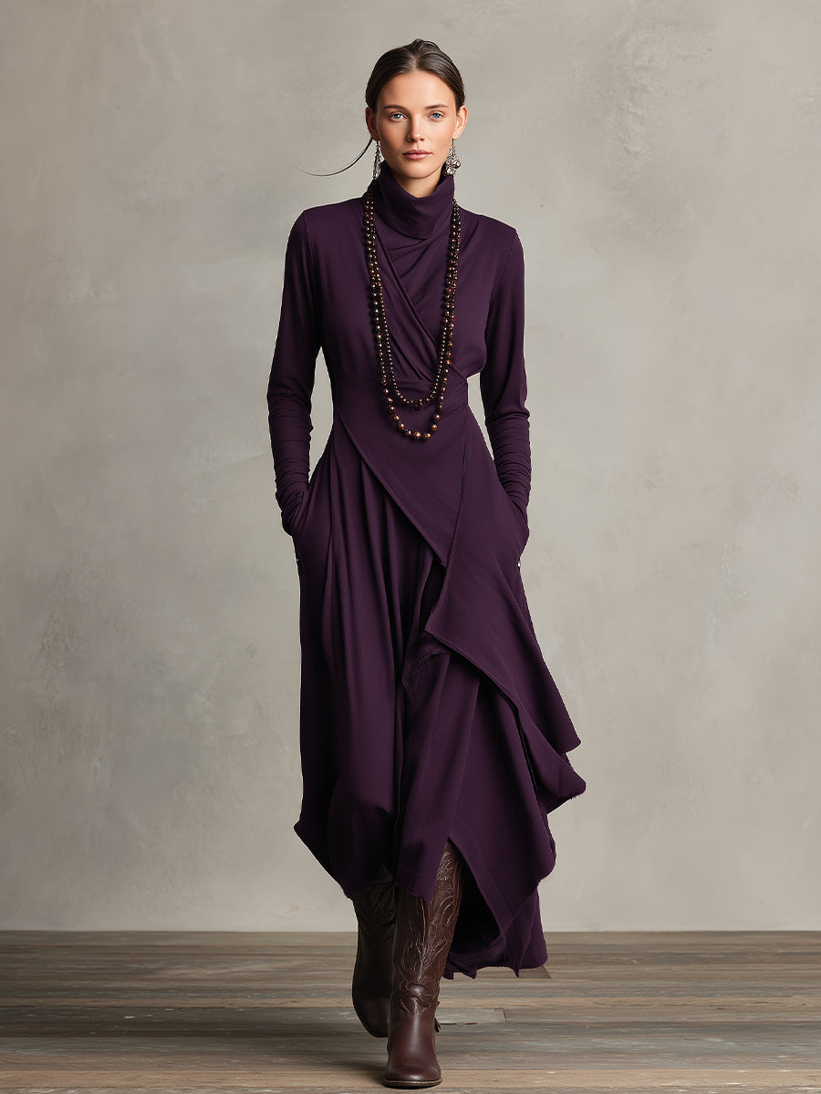 Women's maxi dress, high neck draped asymmetric, view 3