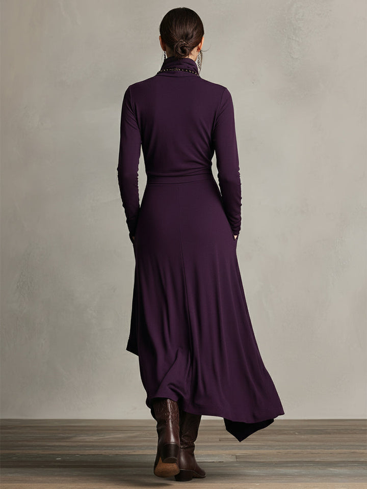 Women's maxi dress, high neck draped asymmetric, view 4