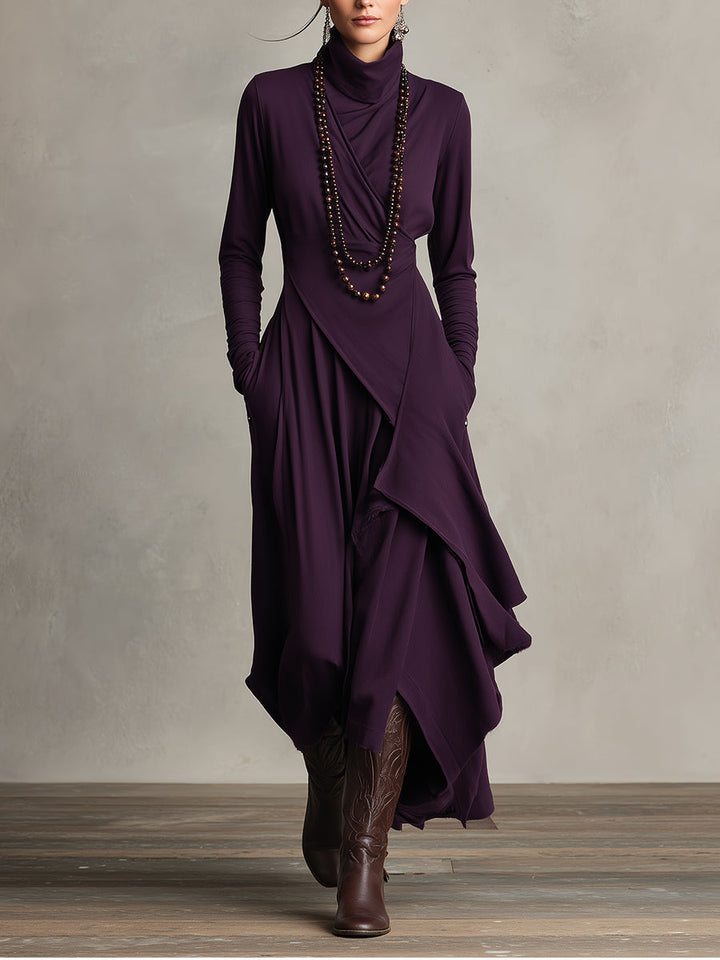 Women's maxi dress in purple, high neck draped asymmetric