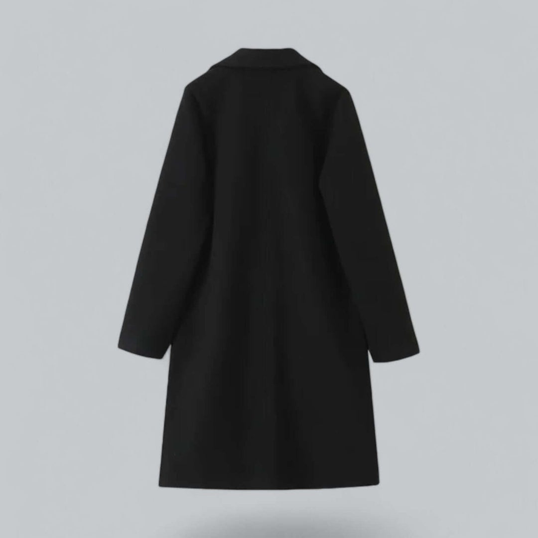 Black longline coat seen from the back