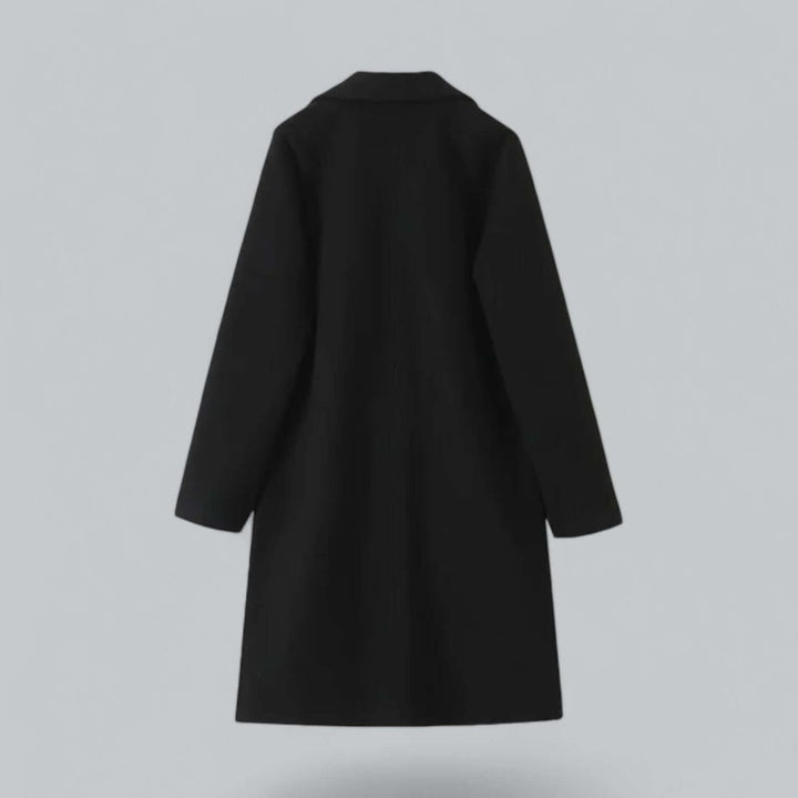 Black longline coat seen from the back