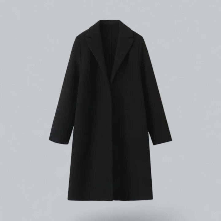 Black open front long coat with wide notch lapels