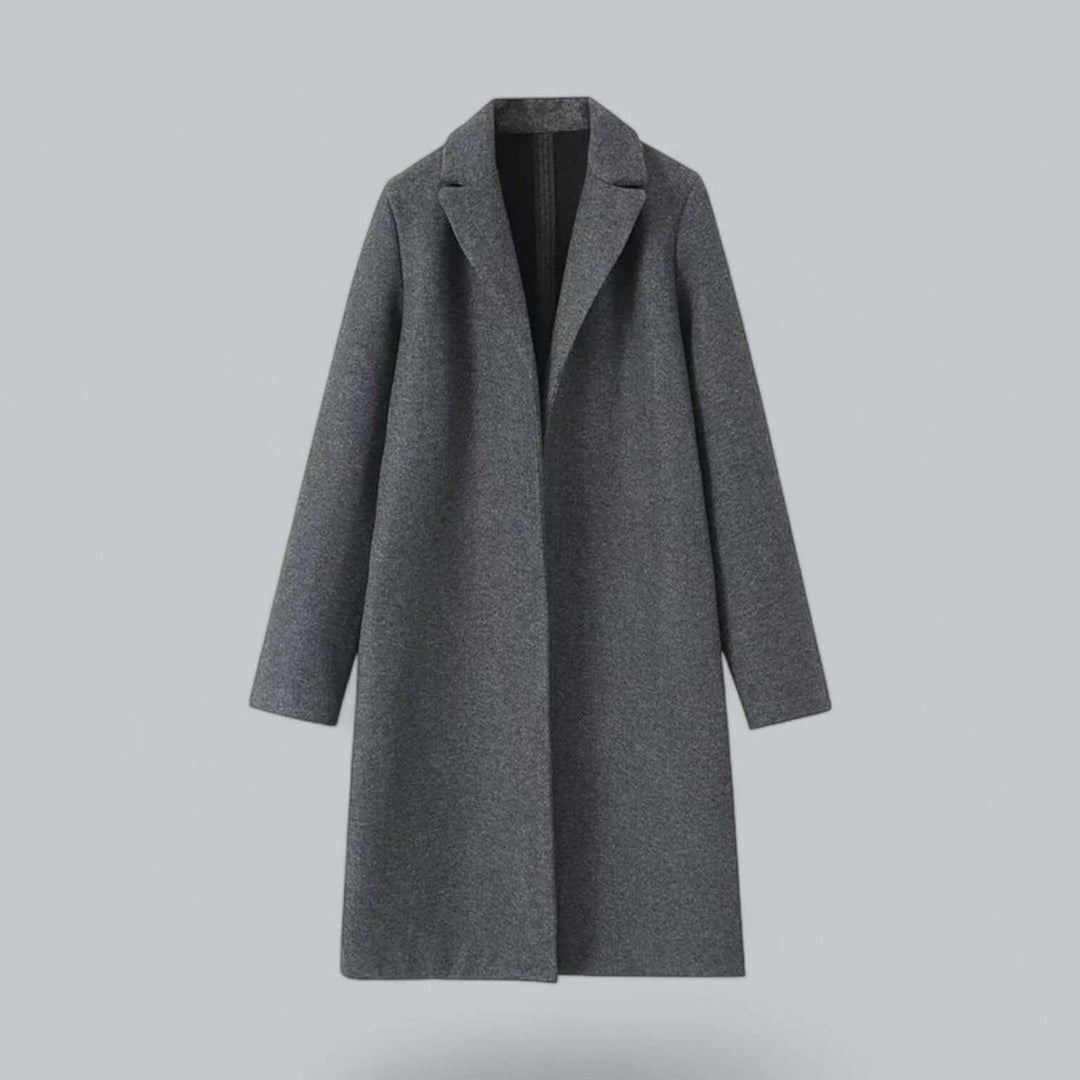 Charcoal grey open front coat with notch lapel, front view