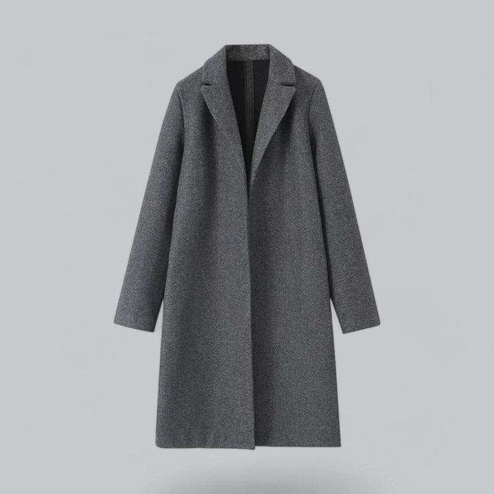 Charcoal grey open front coat with notch lapel, front view